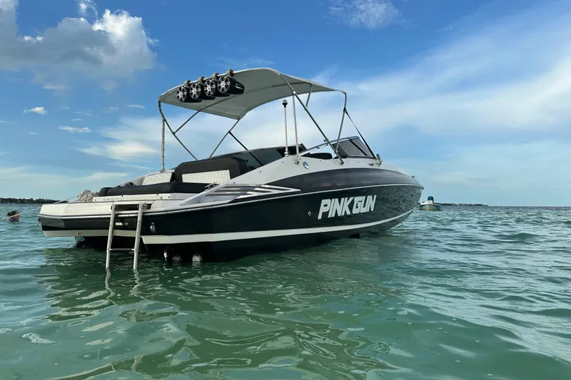 Slide: The Image of 2008 Regal 2520 FasDeck boat named "Pink Gun" on calm water under blue sky. - 6
