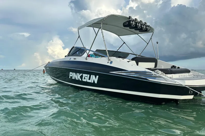 Slide: The Image of 2008 Regal 2520 FasDeck boat named "Pink Gun" anchored on the water. - 7