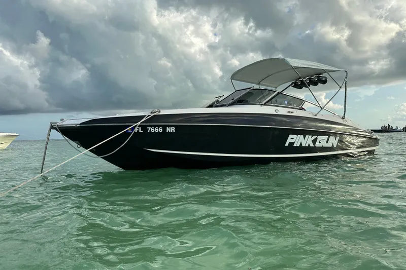 Slide: The Image of 2008 Regal 2520 FasDeck boat named "Pink Gun" anchored in clear waters. - 8
