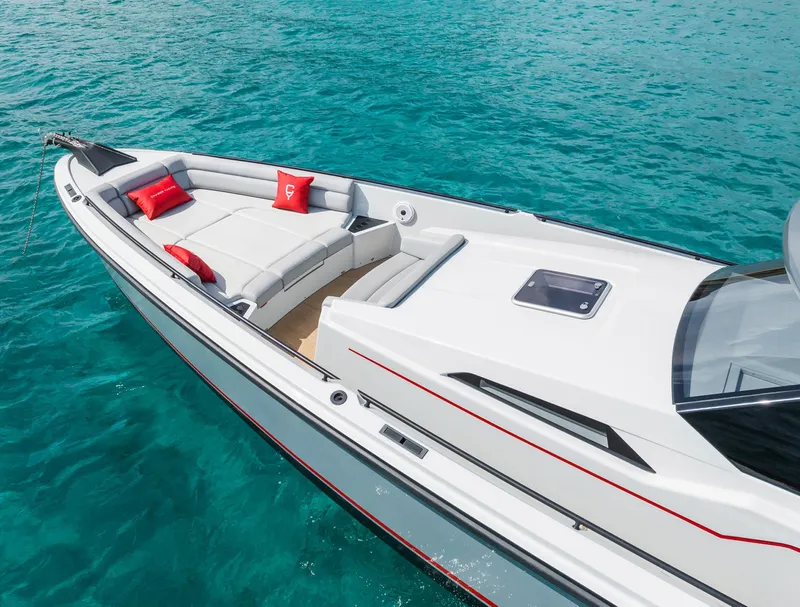 Slide: The Image of 2023 Chaser 54 Laguna yacht on clear blue water, featuring sleek design and comfortable seating. - 12