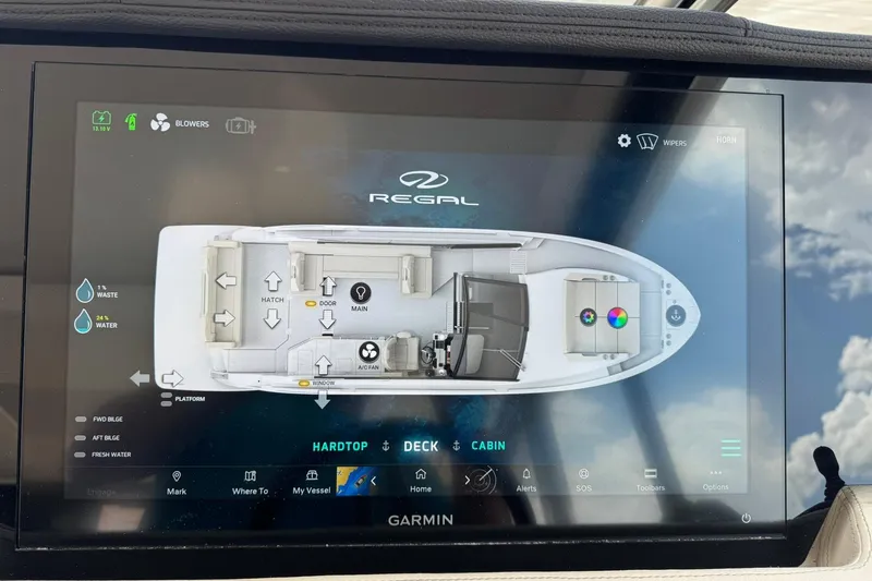 Slide: The Image of Touchscreen display of 2026 Regal 36 Grande Coupe yacht control system. - 42