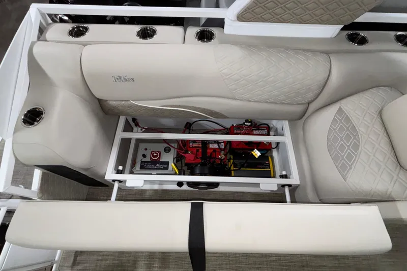 Slide: The Image of Interior view of 2026 JC Sporttoon 26TT boat with seating and battery compartment. - 19