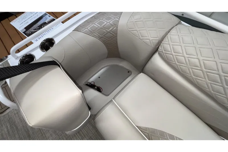Slide: The Image of Luxurious seating on 2026 JC Sporttoon 26TT boat with diamond-pattern upholstery. - 30