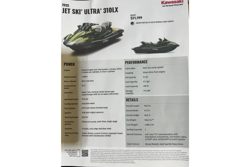 Slide: The Image of 2025 Kawasaki Jetski Ultra 310LX brochure showcasing specifications and features, priced at $21,199. - 6