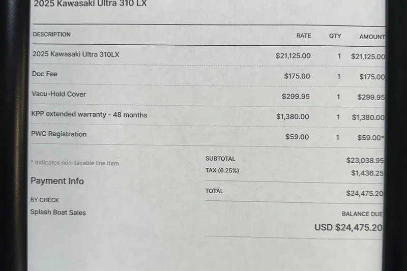 Slide: The Image of Invoice for 2025 Kawasaki Jetski Ultra 310LX purchase, detailing costs and fees. - 7