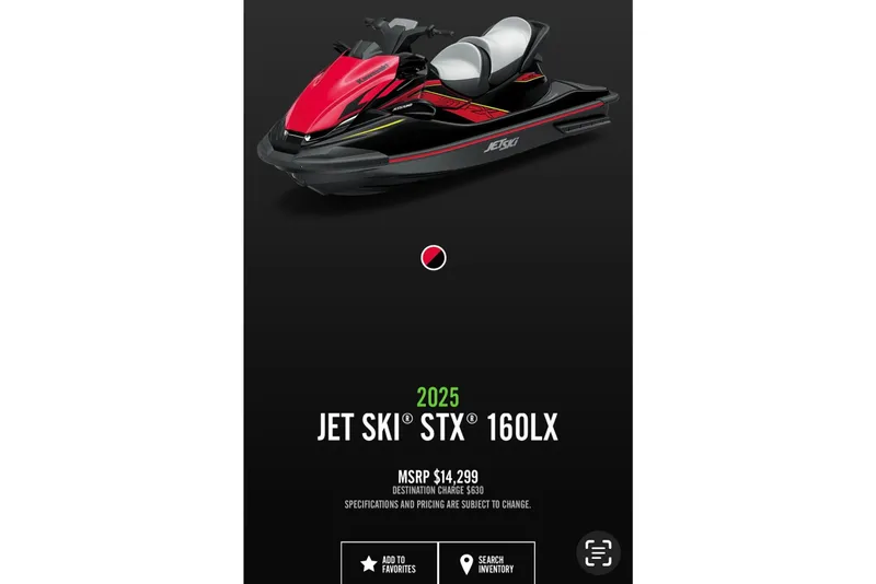 Slide: The Image of 2025 Kawasaki Jetski STX 160LX in red and black, MSRP $14,299. - 3