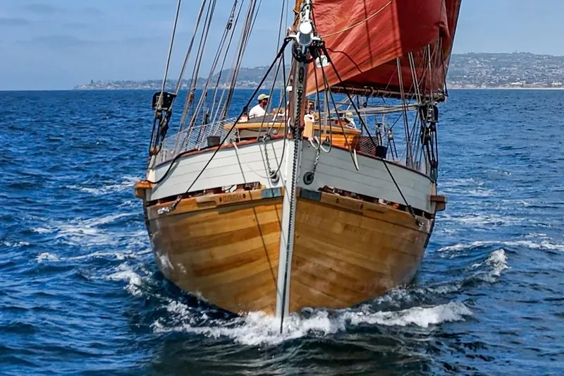 Slide: The Image of 1938 Norwegian Double Ended Ketch sailing on open sea with red sails. - 11