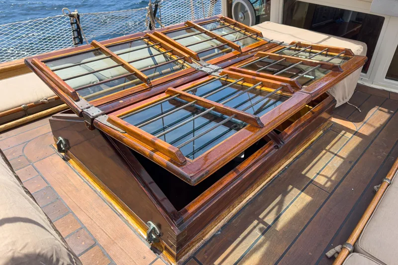 Slide: The Image of Wooden deck hatch on 1938 Norwegian Double Ended Ketch, showcasing classic maritime craftsmanship. - 38