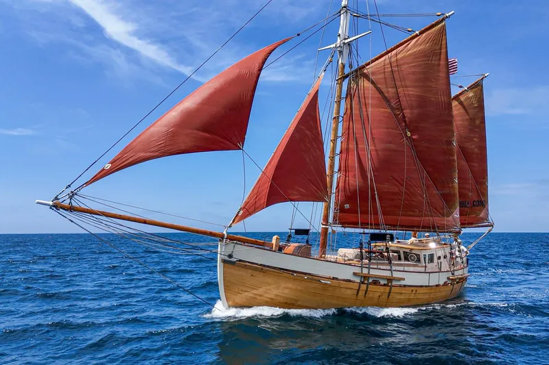 Slide: The Image of Vintage 1938 Norwegian Double Ended Ketch sailing on open sea with red sails. - 4