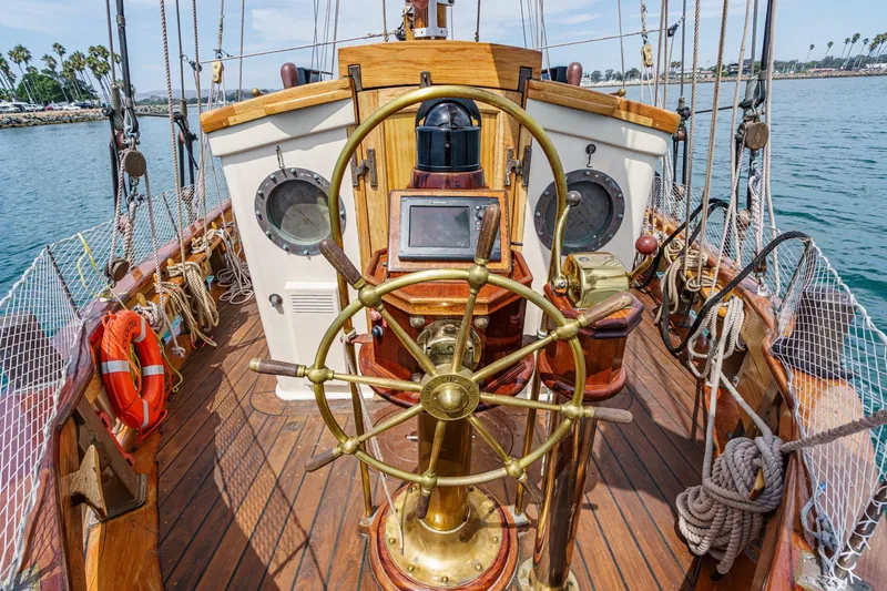 Slide: The Image of Vintage 1938 Norwegian Double Ended Ketch with wooden deck and classic helm. - 43