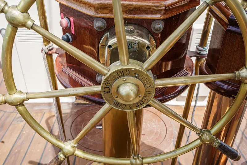 Slide: The Image of Brass ship wheel on 1938 Norwegian Double Ended Ketch, detailed craftsmanship. - 47