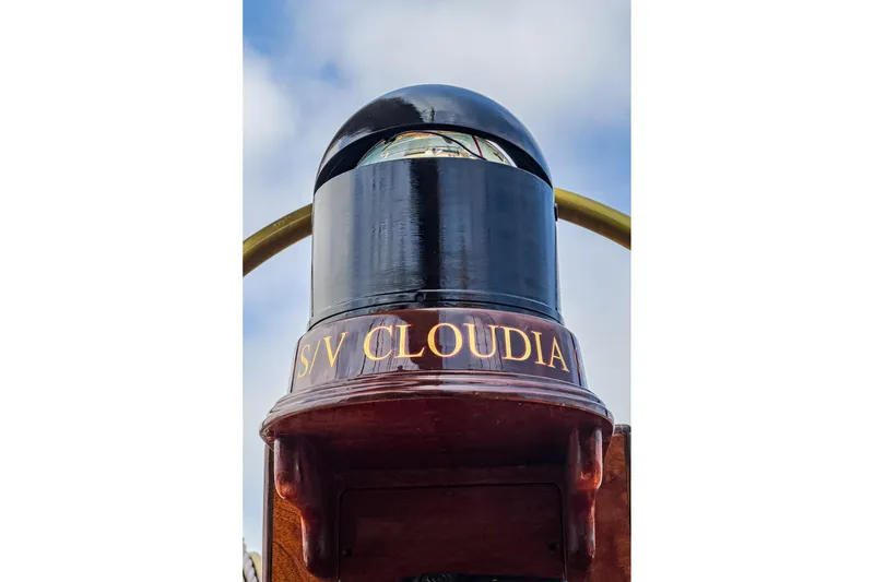 Slide: The Image of Vintage 1938 Norwegian Double Ended Ketch, S/V Cloudia, with classic ship compass. - 49