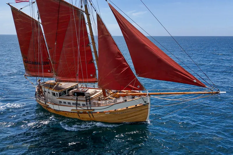 Slide: The Image of 1938 Norwegian Double Ended Ketch sailing on open sea with red sails. - 5