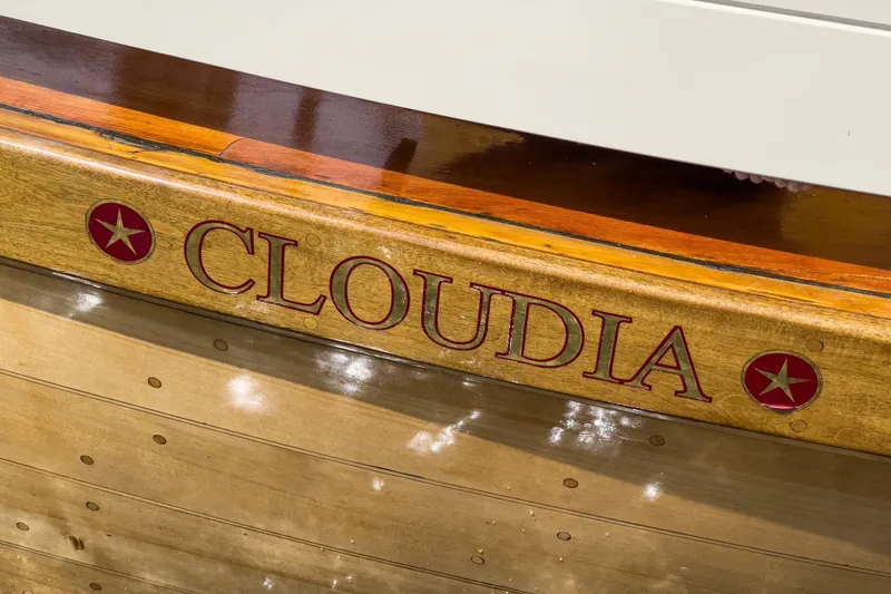 Slide: The Image of Wooden Norwegian Double Ended Ketch, 1938, named "Cloudia" with star emblem. - 90