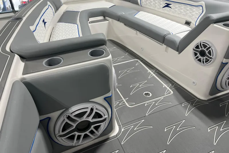 Slide: The Image of 2024 Donzi 39 VRZ boat interior with stylish seating and modern design elements. - 17