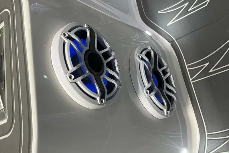 Slide: The Image of 2024 Donzi 39 VRZ boat seat with gray and white upholstery, blue accents. - 38