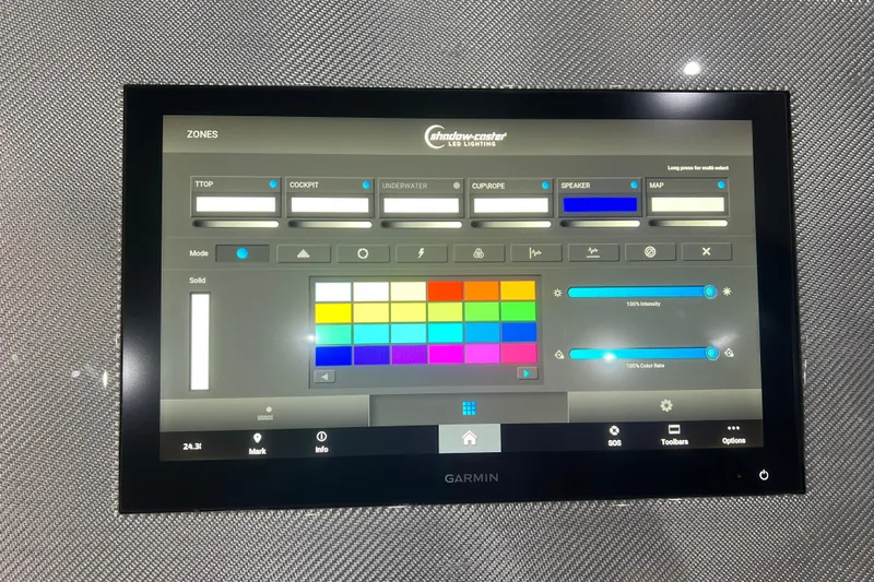 Slide: The Image of 2024 Donzi 39 VRZ boat speakers with sleek design and blue accents. - 39