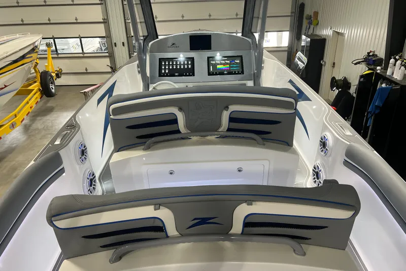 Slide: The Image of 2024 Donzi 39 VRZ boat interior with sleek seating and modern design elements. - 46