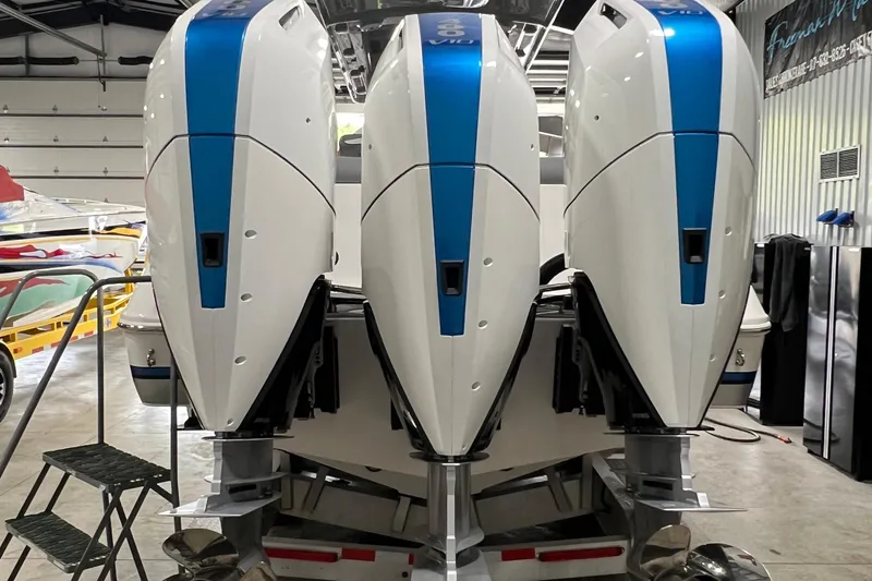 Slide: The Image of 2024 Donzi 39 VRZ boat on trailer in indoor storage facility. - 67