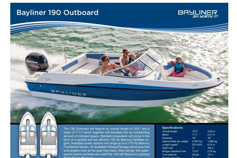 Slide: The Image of 2012 Bayliner 190 Bowrider on water, featuring Mercury outboard engine, family onboard. - 18