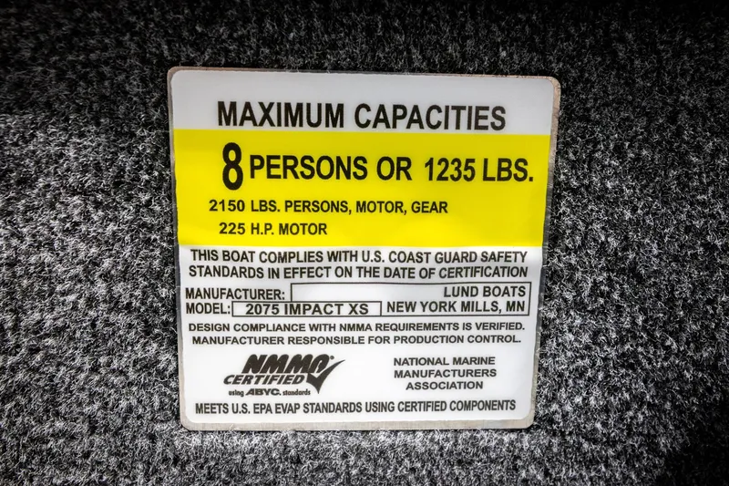 Slide: The Image of 2026 Lund 2075 Impact XS capacity label: 8 persons or 1235 lbs, 225 HP motor. - 63