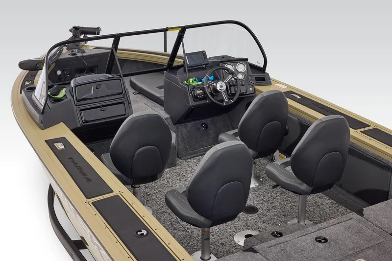 Slide: The Image of 2026 Tracker Targa V-19 Combo boat interior with four seats and modern dashboard. - 33