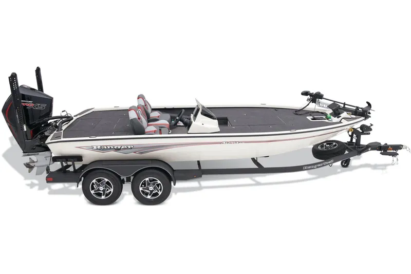 Slide: The Image of 2025 Ranger ALPHA 208 boat on grassy field, featuring dual seats and Mercury Pro XS engine. - 10