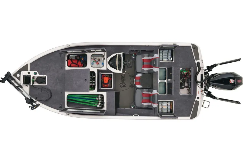 Slide: The Image of 2025 Ranger ALPHA 208 boat with dual consoles and spacious deck on a grassy area. - 7