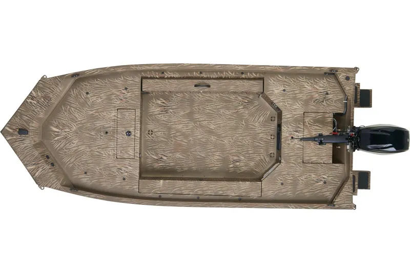 Slide: The Image of 2026 Tracker Grizzly 1654 T Sportsman boat with camouflage design in a parking lot. - 4