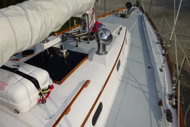 Slide: The Image of 1970 Hinckley Bermuda 40 Custom sailboat deck with rigging and equipment. - 15