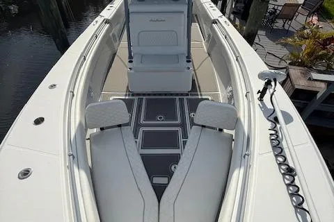 Slide: The Image of 2022 SeaHunter 31 Tournament boat interior with seating and storage compartments. - 8