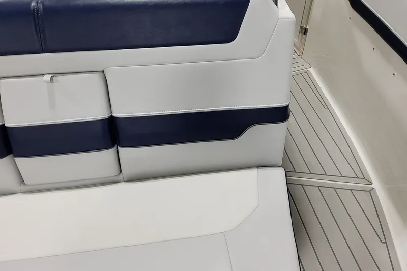 Slide: The Image of 2026 Formula 400 Super Sport Crossover interior seating with blue and white upholstery. - 41