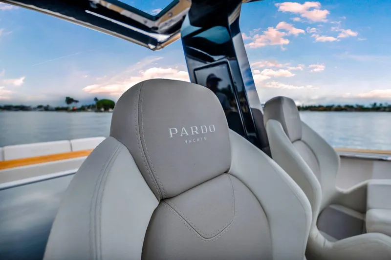 Slide: The Image of Luxurious seating on 2021 Pardo Yachts 38, with scenic water view. - 14