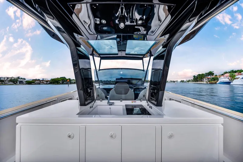 Slide: The Image of Interior view of 2021 Pardo Yachts 38, showcasing sleek design and waterfront scenery. - 17