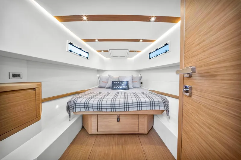 Slide: The Image of Luxurious cabin interior of 2021 Pardo Yachts 38 with modern design and cozy bedding. - 30