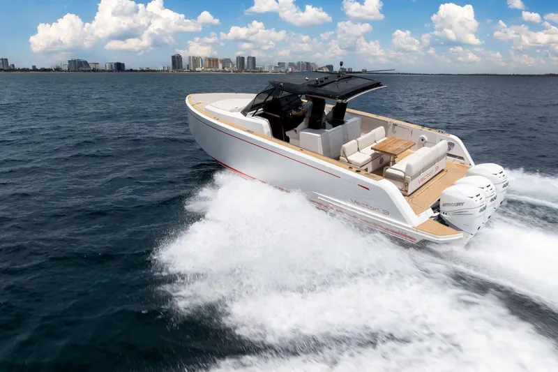 Slide: The Image of 2021 Pardo Yachts 38 cruising on open water, showcasing sleek design and powerful engines. - 45