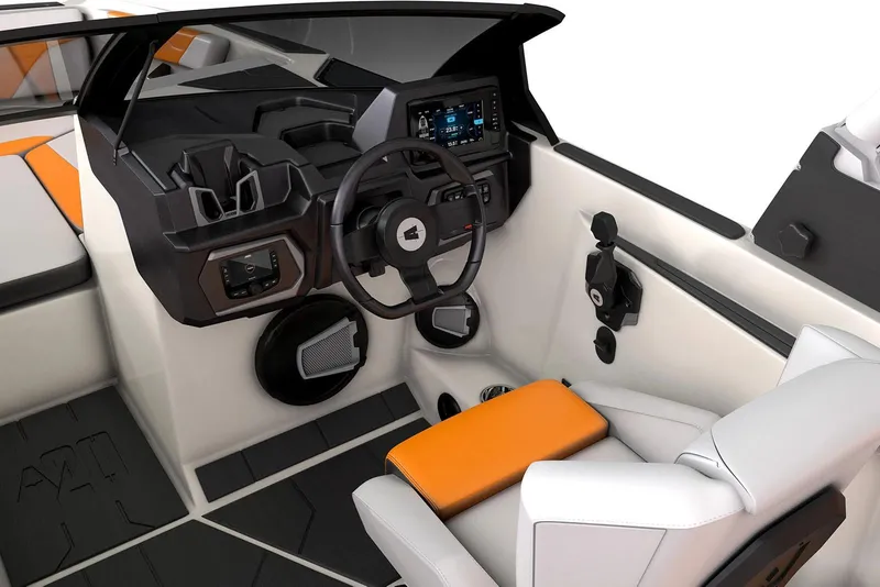 Slide: The Image of Manufacturer Provided Image: 2026 Axis A20 boat interior with modern dashboard, steering wheel, and orange-accented seating. - 3