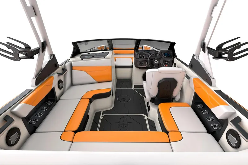 Slide: The Image of Manufacturer Provided Image: 2026 Axis A20 boat interior with orange and gray seating, modern dashboard, and spacious layout. - 5