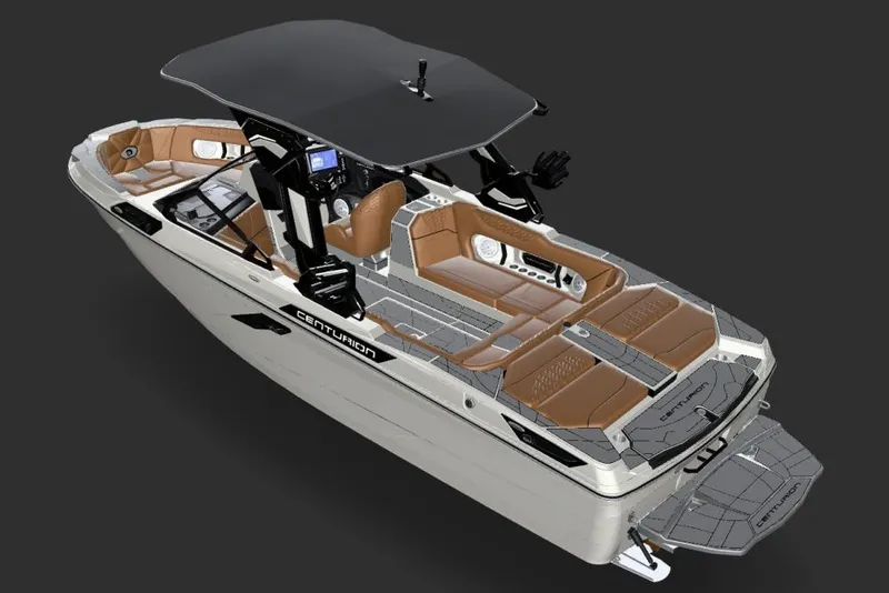 Slide: The Image of 2026 Centurion Ri245 boat with sleek design, brown seating, and advanced dashboard features. - 23