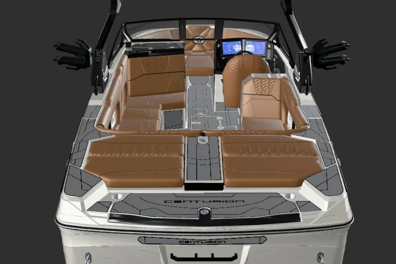 Slide: The Image of 2026 Centurion Ri245 boat interior with brown leather seating and modern dashboard. - 24