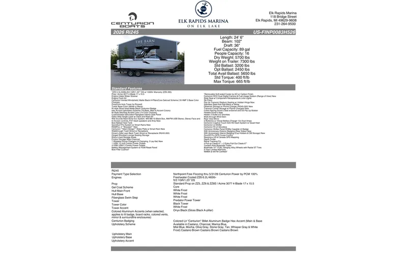 Slide: The Image of Centurion Ri245 2026 boat specifications and features sheet from Elk Rapids Marina. - 25