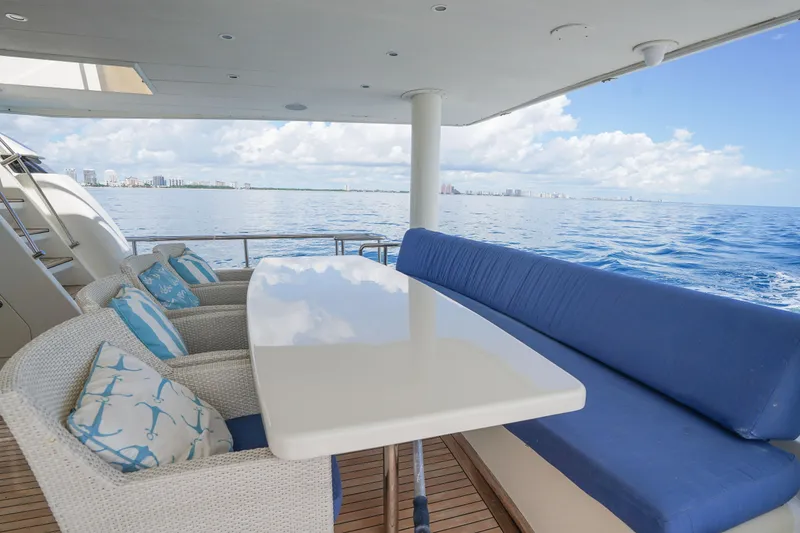 Slide: The Image of Luxury Monte Fino 82MY yacht deck with ocean view, featuring elegant seating, 2001 model. - 12