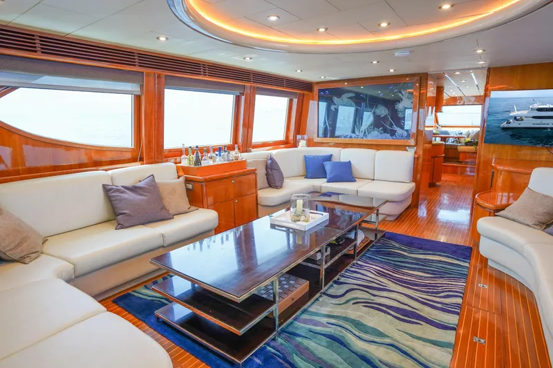 Slide: The Image of Spacious deck of 2001 Monte Fino 82MY yacht with seating and ladder. - 17