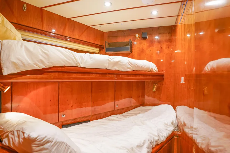Slide: The Image of Luxurious bathroom in 2001 Monte Fino 82MY yacht with wood finish and modern fixtures. - 46