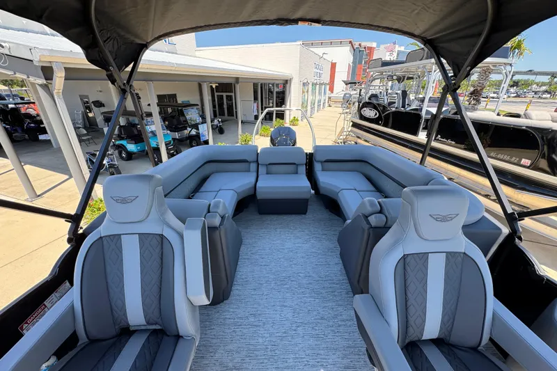 Slide: The Image of 2026 Bennington 22 MFB pontoon boat interior with luxurious seating and modern design. - 27