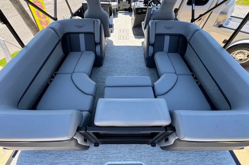 Slide: The Image of 2026 Bennington 22 MFB boat interior with luxurious gray seating and modern design. - 30