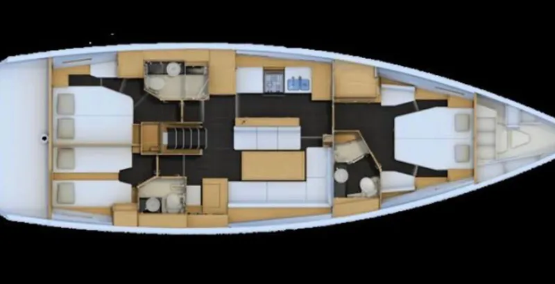 Slide: The Image of 2018 Jeanneau 54 yacht interior layout with cabins, bathrooms, and kitchen. - 72