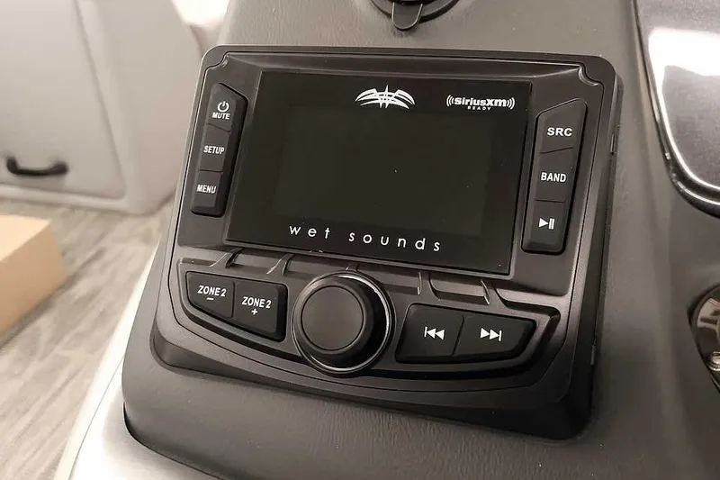 Slide: The Image of Wet Sounds audio system in 2024 Ranger Reata 223C boat, featuring SiriusXM compatibility. - 17