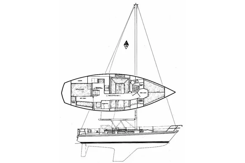 Slide: The Image of Blueprint of a 1992 Catalina Sloop sailboat, showcasing interior layout and side profile. - 19