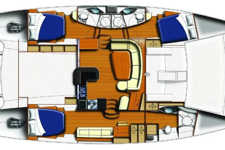 Slide: The Image of Floor plan of a 2012 Leopard 47 PC Owners' Version catamaran, featuring spacious cabins and living areas. - 34